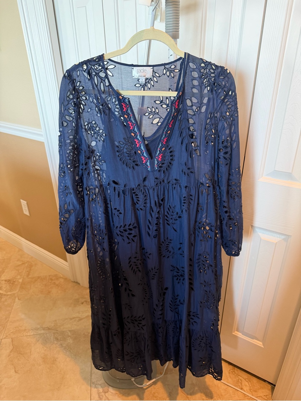 Johnny Was Navy Eyelet Embroidered V-Neck Swim Coverup
